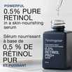Rapid Wrinkle Repair 0.5% Retinol Pro serum open bottle with text, 'powerful 0.5% pure retinol in a skin-nourishing serum'