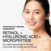 Woman smiling accompanied with text, 'scientifically proven ingredients: retinol, hyaluronic acid, micropeptide'