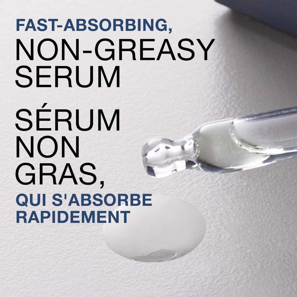 Drops of serum with text, 'fast-absorbing non-greasy serum'