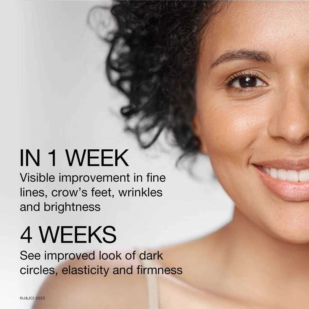 Woman smiling with text, 'in 1 week, visible improvement in fine lines, crow's feet, wrinkles and brightness'