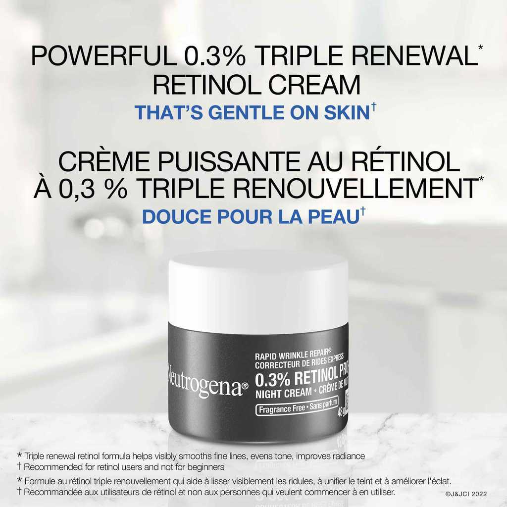 Rapid Wrinkle Repair 0.3% Retinol Night Cream jar with text, 'powerful 0.3% triple renewal retinol cream that's gentle on skin'