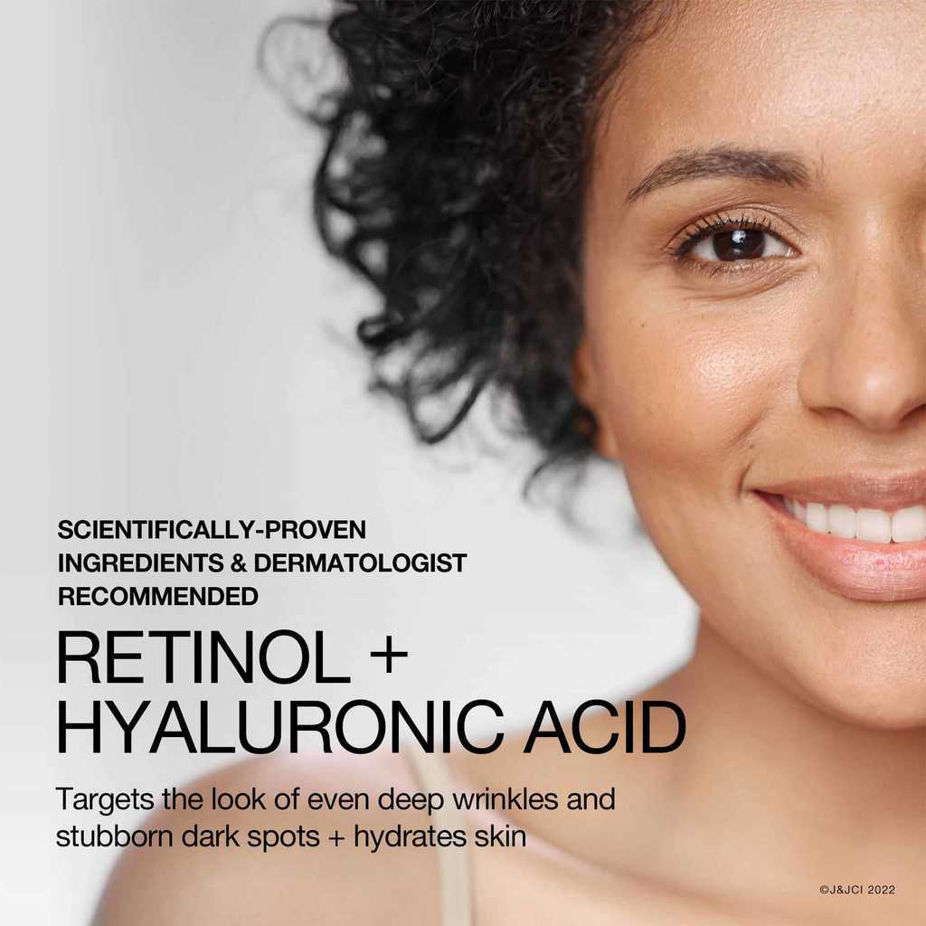 Woman smiling accompanied with text, 'scientifically proven ingredients & dermatologist recommended retinol and hyaluronic acid'
