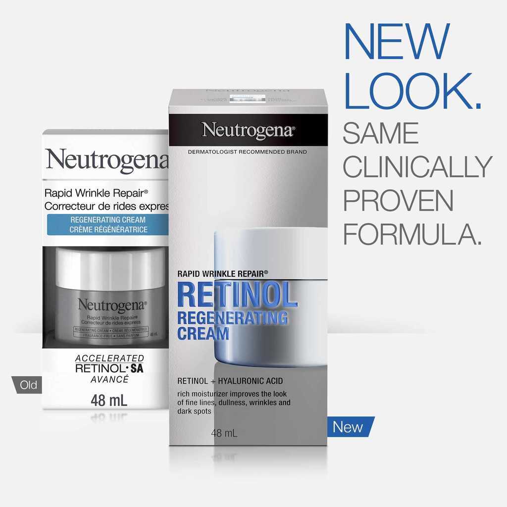 Two separate packaged jars of Rapid Wrinkle Repair Regenerating Cream, showing old and new packaging with the text, 'new look. Same clinically proven formula'