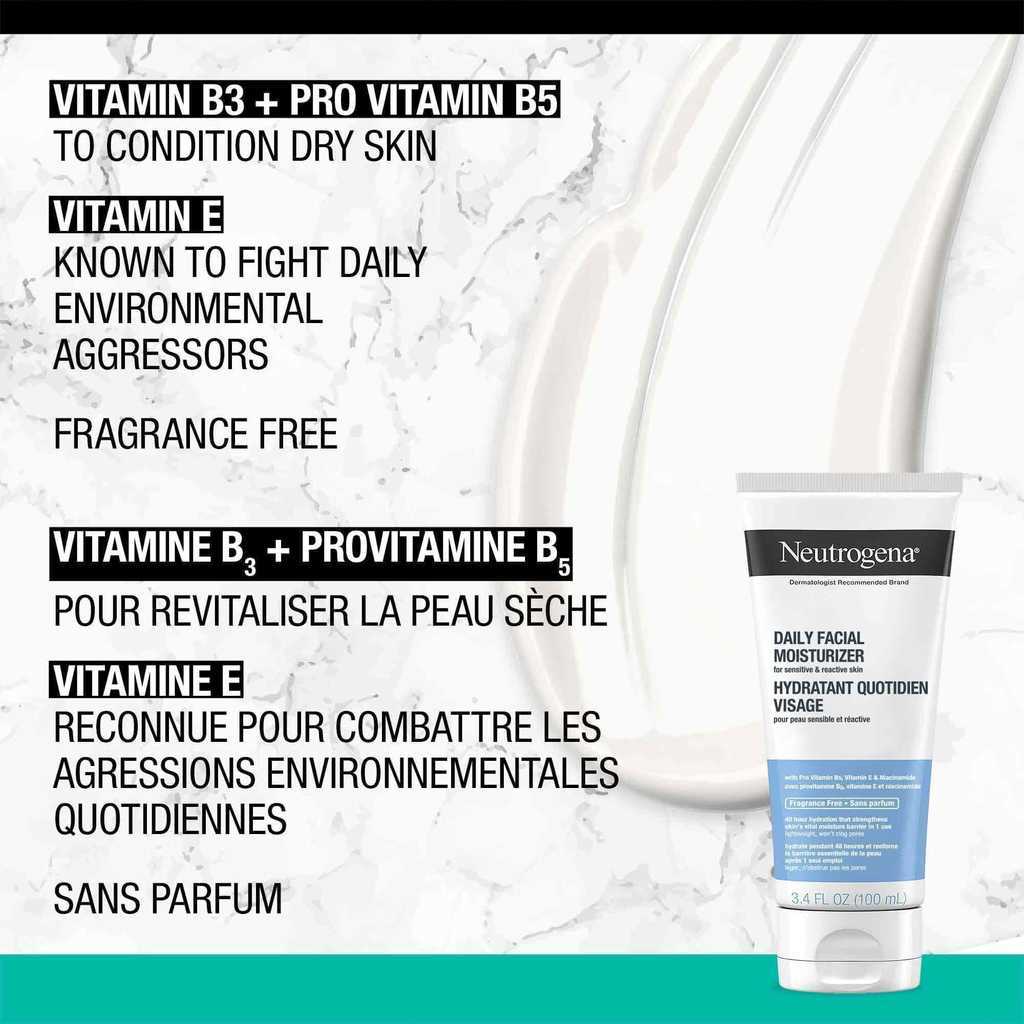 NEUTROGENA® Daily Facial Moisturizer with listed ingredients Vitamin B3,E and Pro Vitamin B5 and their benefits.
