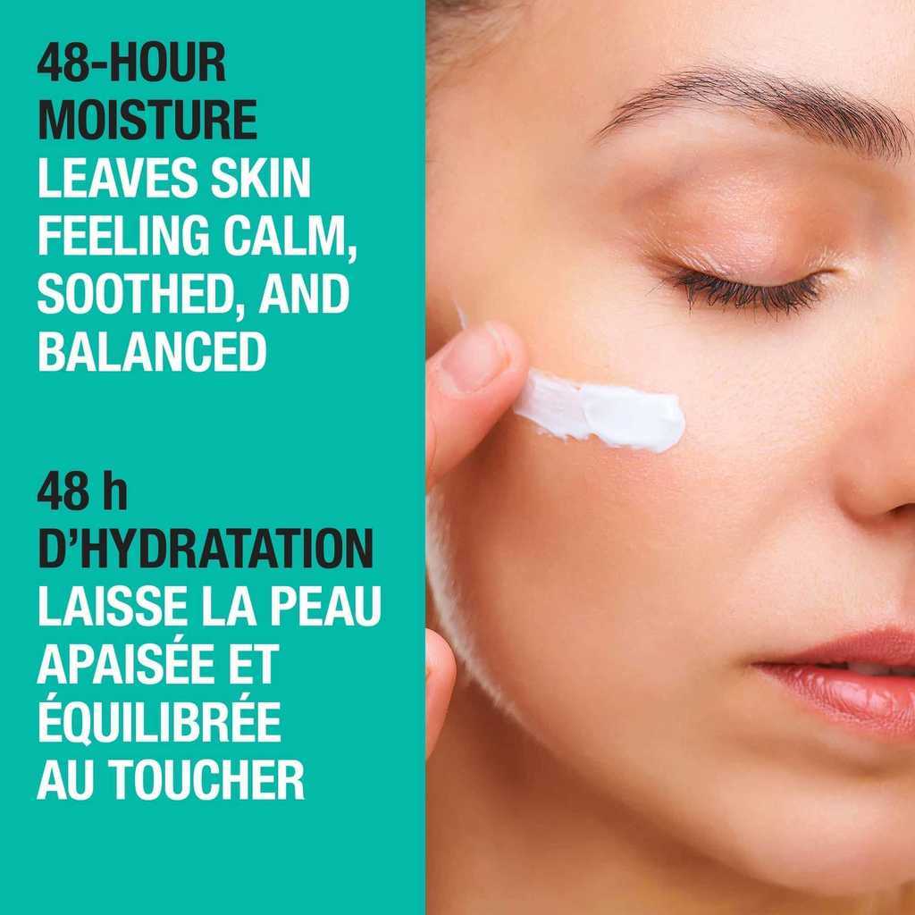 Close-up of woman's right side of her face while applying face cream with a text ' 48-Hour Moisture, Leaves Skin Feeling Calm and Balanced'