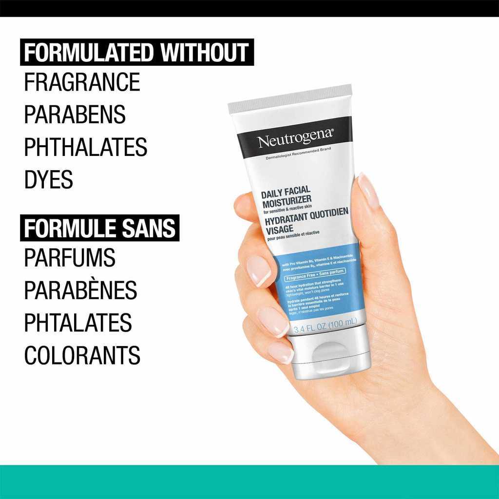 Close-up hand holding NEUTROGENA® Daily Facial Moisturizer with a text 'Formulated without Fragrance, Parabens, Phthalates, Dyes'