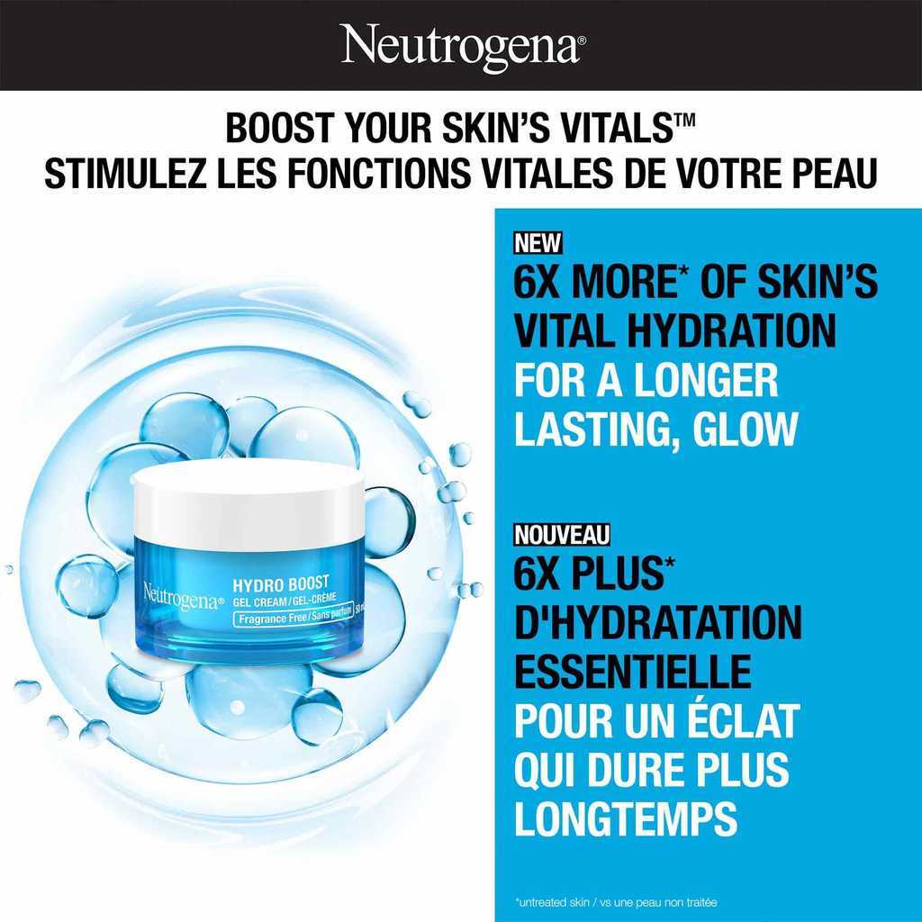 NEUTROGENA® Hydro Boost Fragrance Free Cream with product claims 'Boost your Skin's Vitals™- 6 times more of skin's vital hydration for a longer lasting glow'