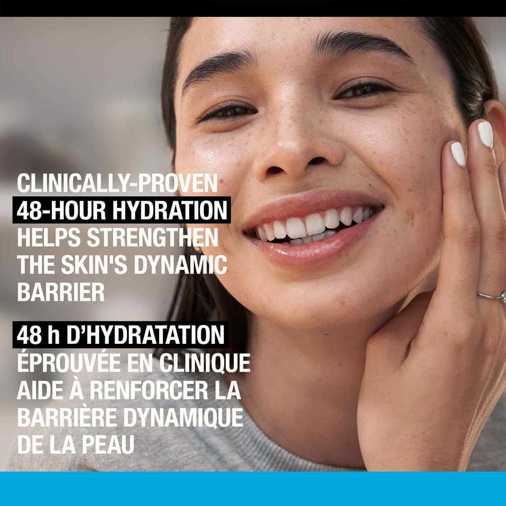 Woman touching her skin and smiling with a text stating, 'Clinically Proven 48-Hour Hydration '