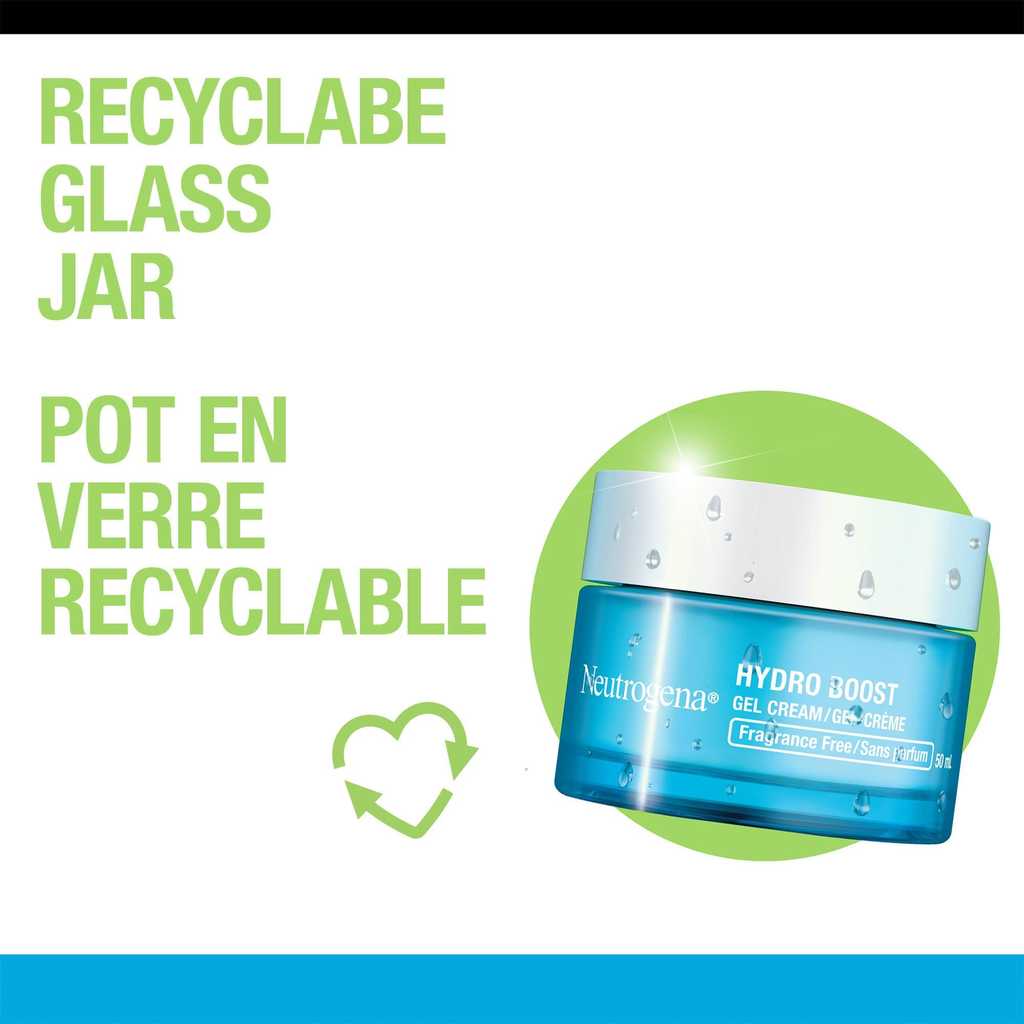 NEUTROGENA® Hydro Boost  Fragrance Free Cream product with a text stating, ' recyclable glass jar'