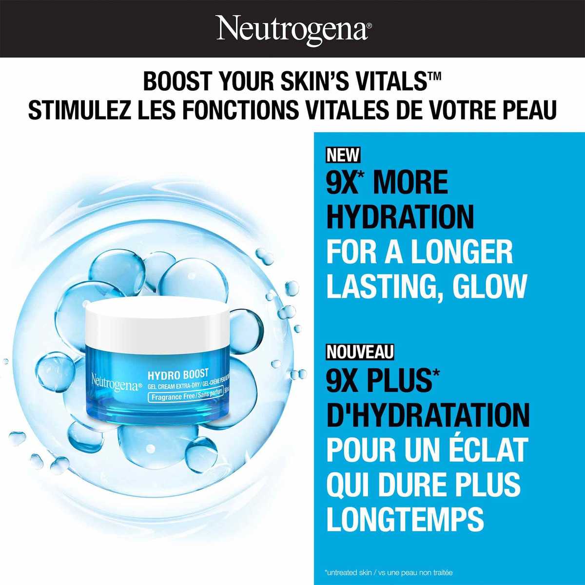 NEUTROGENA® Hydro Boost Gel Cream Extra Dry with a claim '9 times more hydrating for a longer lasting glow'