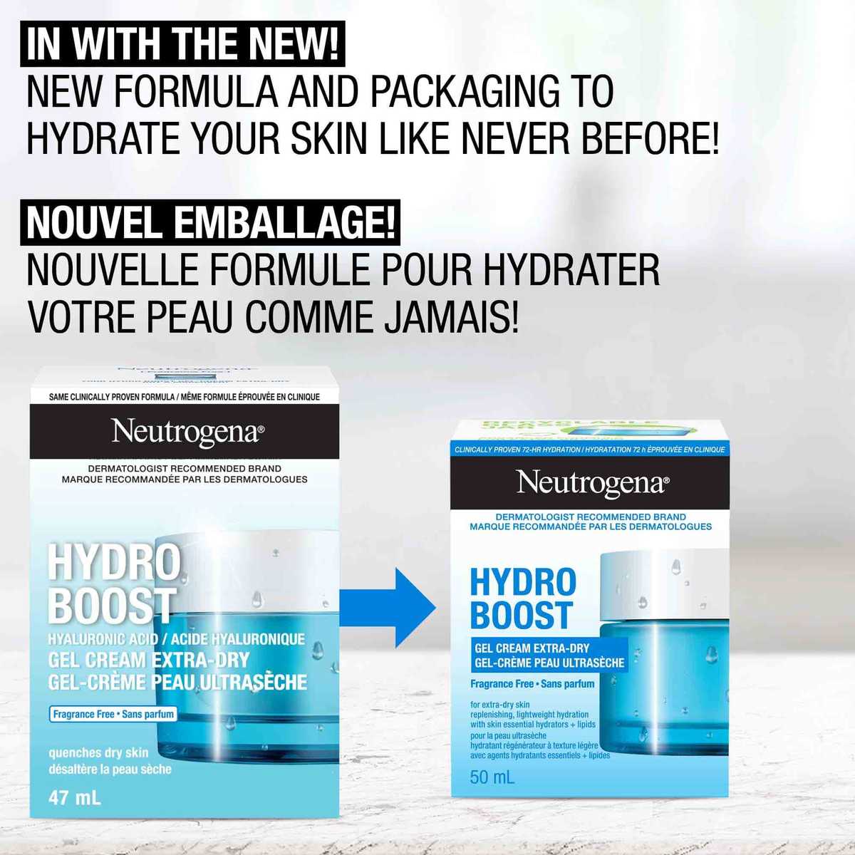Old and the new packaging of NEUTROGENA® Hydro Boost Gel Cream Extra Dry with a text' New Formula and Packaging to hydrate your skin like never before'