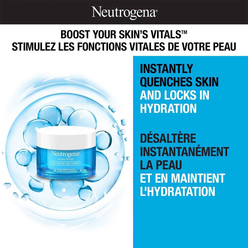 NEUTROGENA® Hydro Boost Gel Cream with product claims 'Boost your Skin's Vitals™- Instantly quenches skin and locks in hydration'