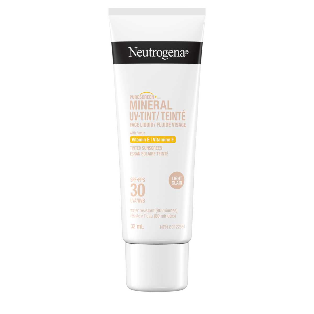 Front shot of NEUTROGENA® Purescreen+™ Mineral UV Tint Face Liquid Sunscreen SPF 30, Light, 32 mL squeeze tube