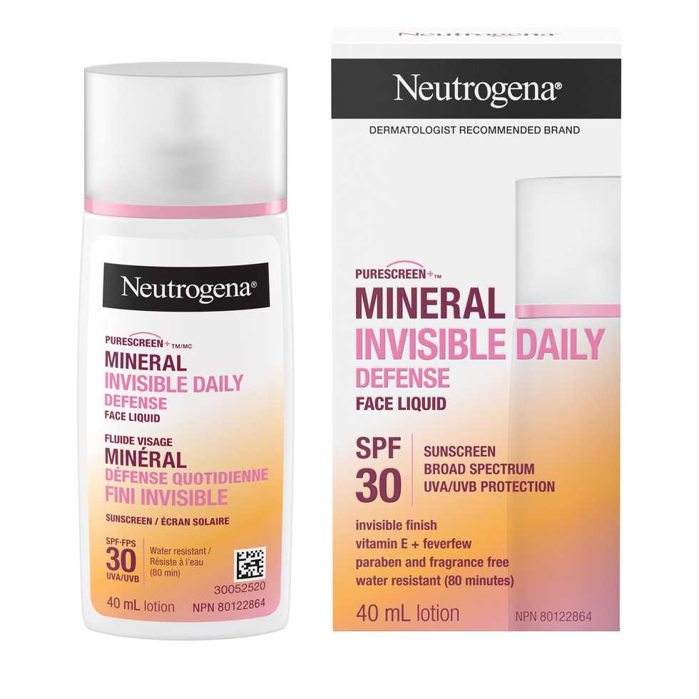 Front shots of Neutrogena® Purescreen+TM Invisible Daily Defense Face Liquid Sunscreen SPF 30, squeeze tube 40mL and its packaging