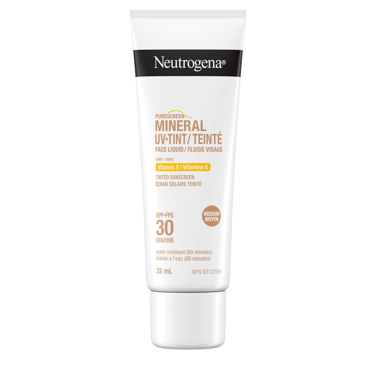 Front shot of NEUTROGENA® Purescreen+™ Mineral UV Tint Face Liquid Sunscreen SPF 30, Medium, 32 mL squeeze tube