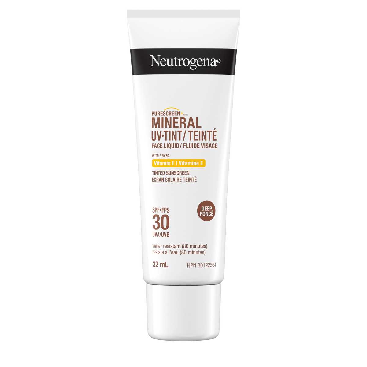 Front shot of NEUTROGENA® Purescreen+™ Mineral UV Tint Face Liquid Sunscreen SPF 30, Dark, 32 mL squeeze tube
