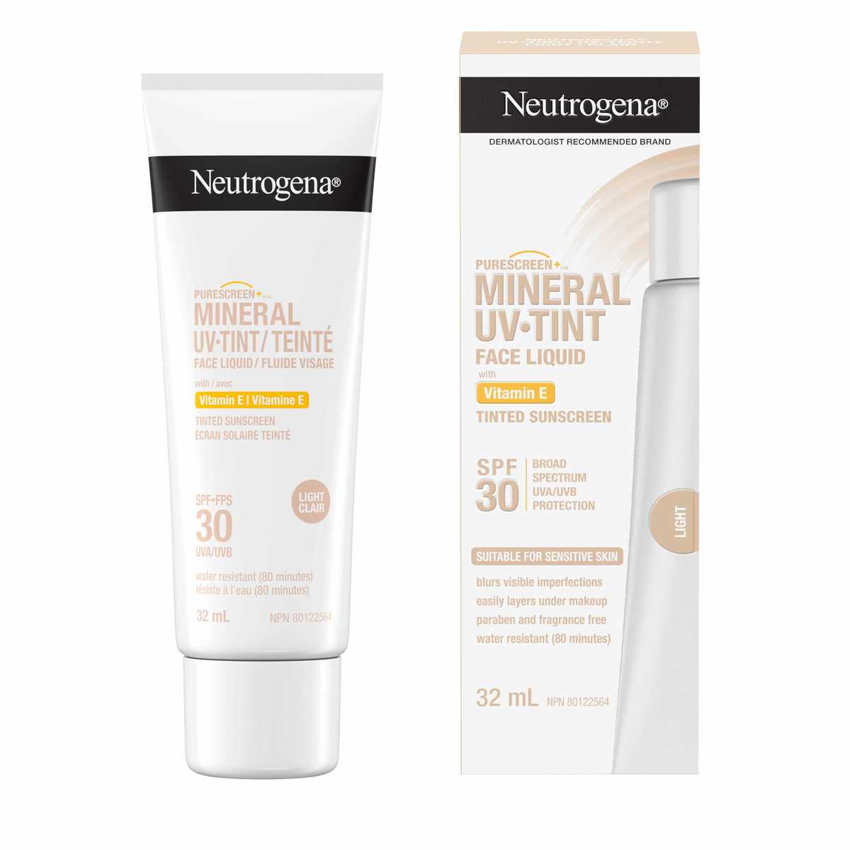 Front shot of NEUTROGENA® Purescreen+™ Mineral UV Tint Face Liquid Sunscreen SPF 30, Light, 32 mL squeeze tube and its packaging
