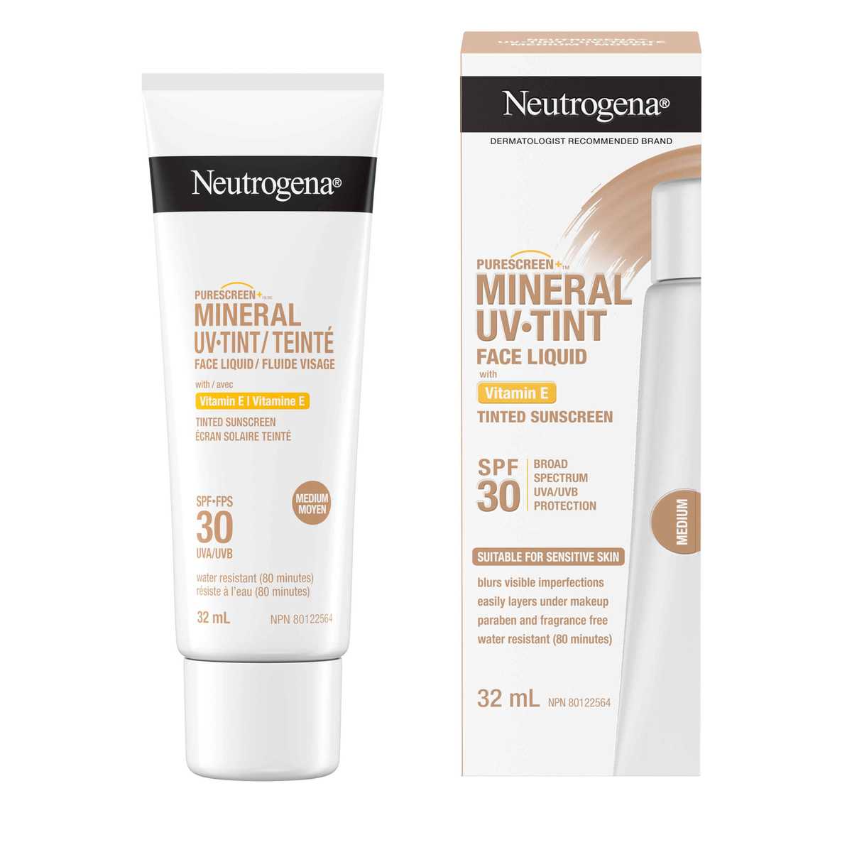 Front shot of NEUTROGENA® Purescreen+™ Mineral UV Tint Face Liquid Sunscreen, Medium, SPF 30, 32 mL squeeze tube and its packaging