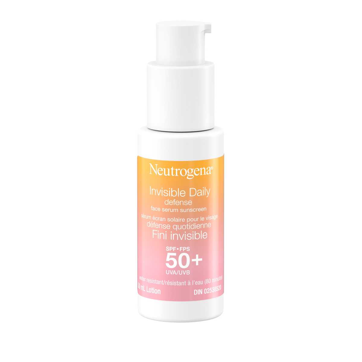 Front shot of Neutrogena® Invisible Daily Defense Face Serum Sunscreen SPF 50+, pump bottle.
