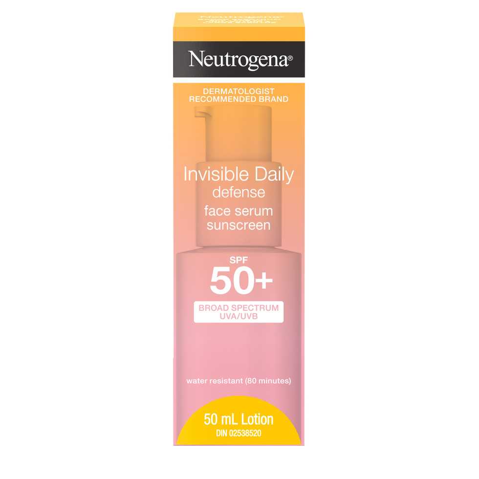 Front shot of Neutrogena® Invisible Daily Defense Face Serum Sunscreen SPF 50+ packaging.