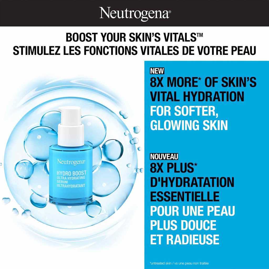 NEUTROGENA® Hydro Boost Ultra Hydrating Serum with product claims 'Boost your Skin's Vitals™- 8 times more of skin's vital hydration for softer, glowing skin'