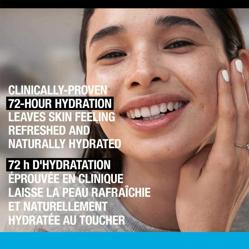 Woman touching her skin and smiling with a text stating, 'Clinically Proven 72-Hour Hydration '