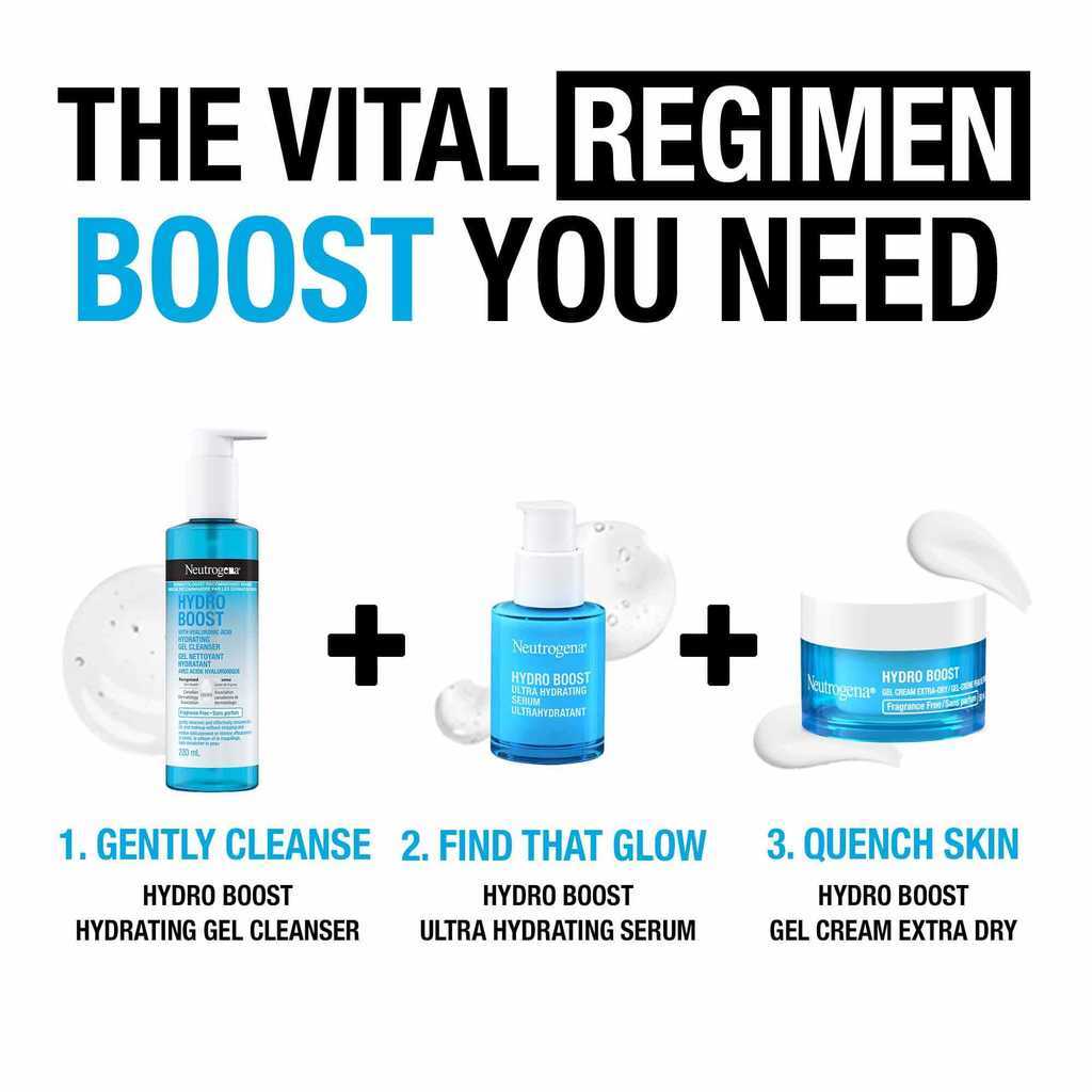 NEUTROGENA® Hydro Boost cleanser, hydrating serum and gel cream for extra dry skin with a text, 'The Vital regimen boost you need'