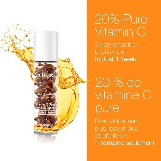 A bottle of NEUTROGENA® Rapid Tone Repair 20% Vitamin C Serum Capsules, 30ct and a text ' 20% pure Vitamin C, Visibly smoother brighter skin in just 1 week'