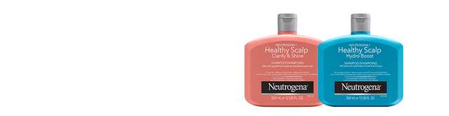 Two bottles of Neutrogena Healthy Scalp Clarify & Shine shampoo and Healthy Scalp Hydro Boost shampoo, 354mL