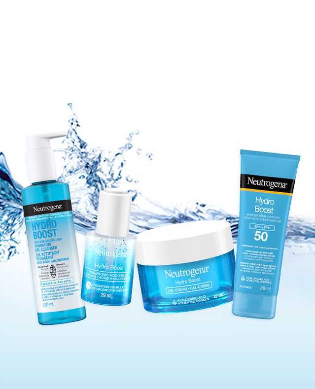 A banner with NEUTROGENA® Hydro Boost Gel Cleanser, Hyaluronic Acid Serum, Gel Cream and SPF 50 Sunscreen for face.